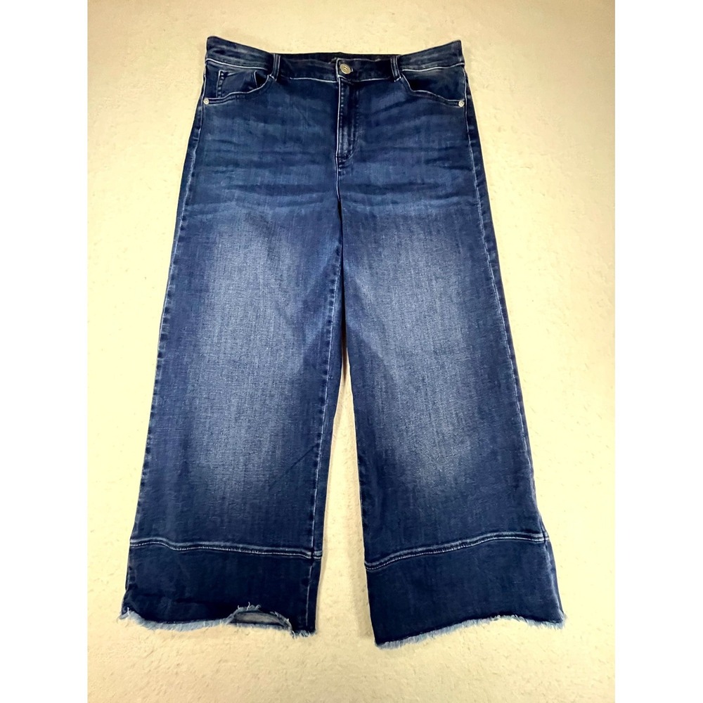 J.Jill Denim Full Leg Crop Jeans Womens 12 Blue Frayed Hem High Rise Wide Leg